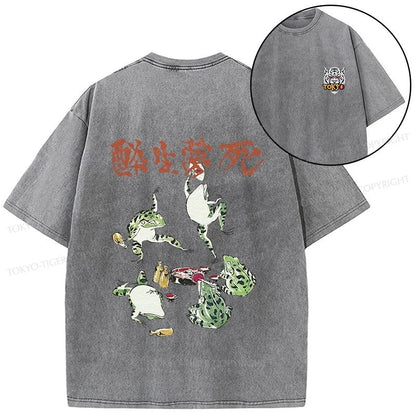 Tokyo-Tiger Japanese Frog Osake Kanji Front Back Washed T-Shirt