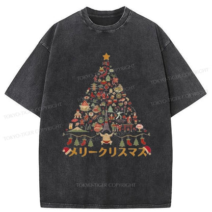 Tokyo-Tiger Japanese Christmas Tree Made Up of Icons Washed T-Shirt