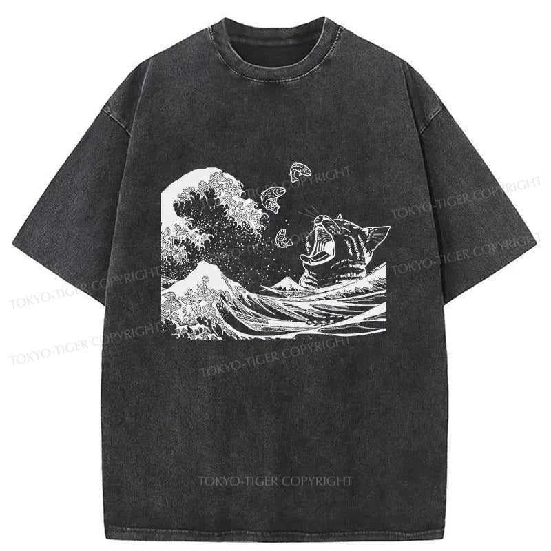 Tokyo-Tiger Wave And Cat Japanese Washed T-Shirt