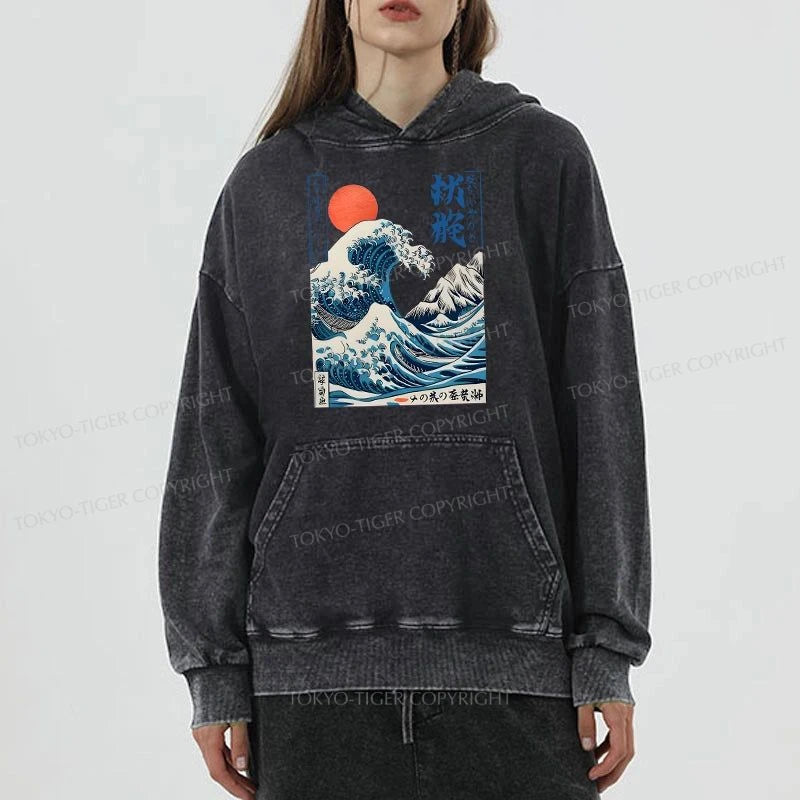 Tokyo-Tiger Ukiyo-e Ocean Waves Japan Washed Hoodie