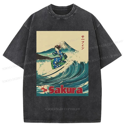 Tokyo-Tiger Geisha Surfing Washed T-Shirt