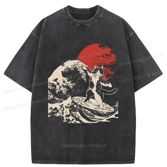 Tokyo-Tiger Cat Surfing Washed T-Shirt