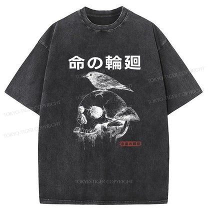 Tokyo-Tiger Mushroom Skull Manga Horror Print Washed T-Shirt