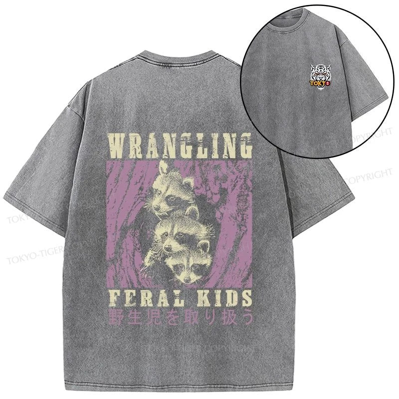 Tokyo-Tiger Wrangling Feral Raccoon Kids Front Back Washed T-Shirt