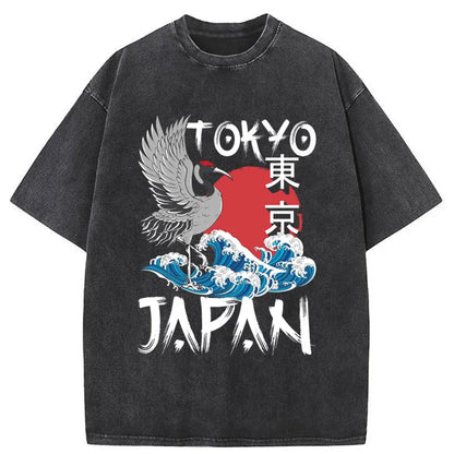 Tokyo-Tiger Japan Japanese Wave Crane Washed T-Shirt