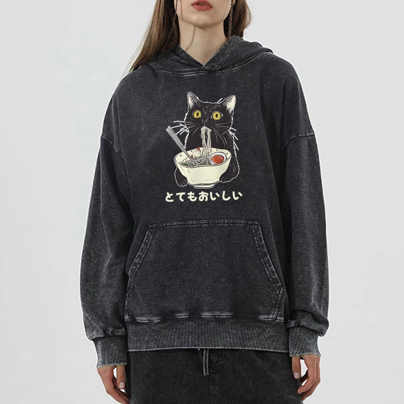 Tokyo-Tiger Cats Eat Ramen Noodles Washed Hoodie