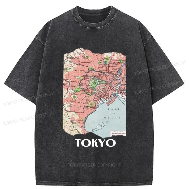 Tokyo-Tiger Tokyo City Vintage Map Washed T-Shirt