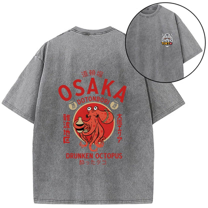 Tokyo-Tiger Drunken Octopus Japan Front Back Washed T-Shirt