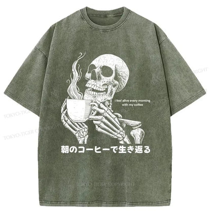 Tokyo-Tiger Skeleton Drinking Coffee Washed T-Shirt