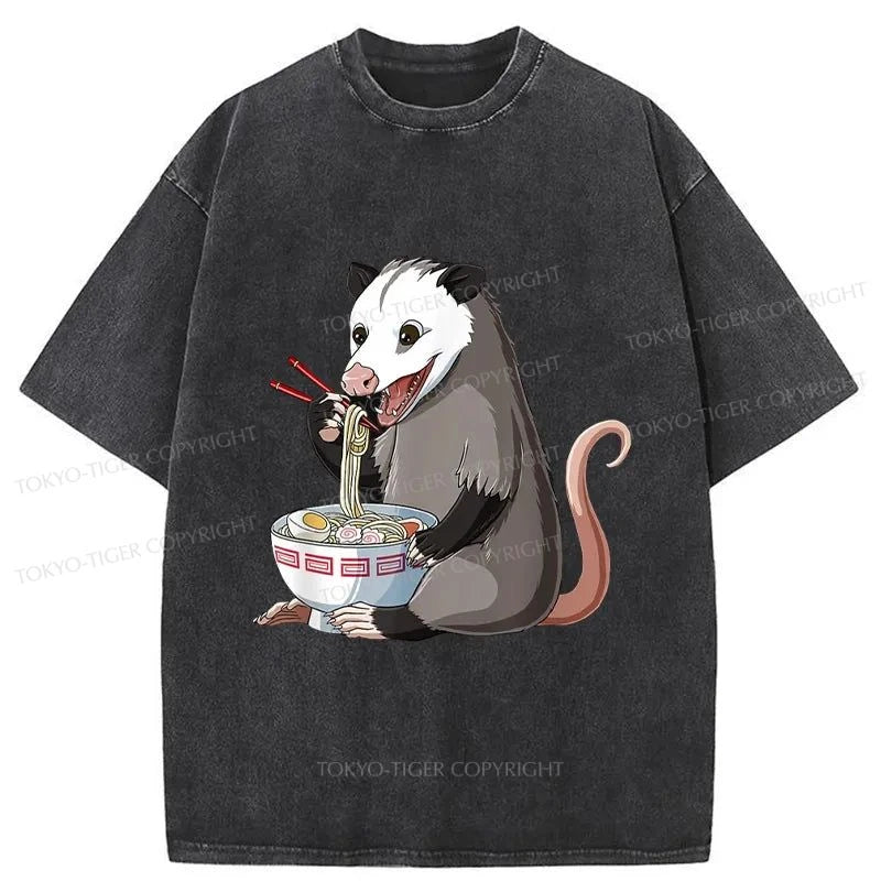 Tokyo-Tiger Possums Eat Ramen Noodles Washed T-Shirt