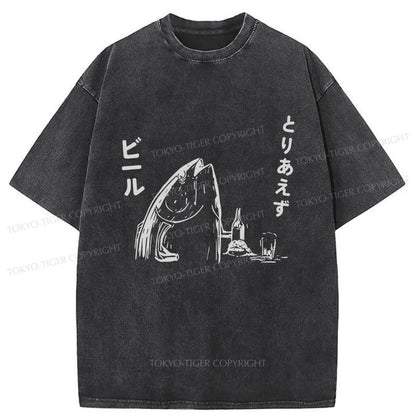 Tokyo-Tiger The Fish Is Drinking Beer Washed T-Shirt