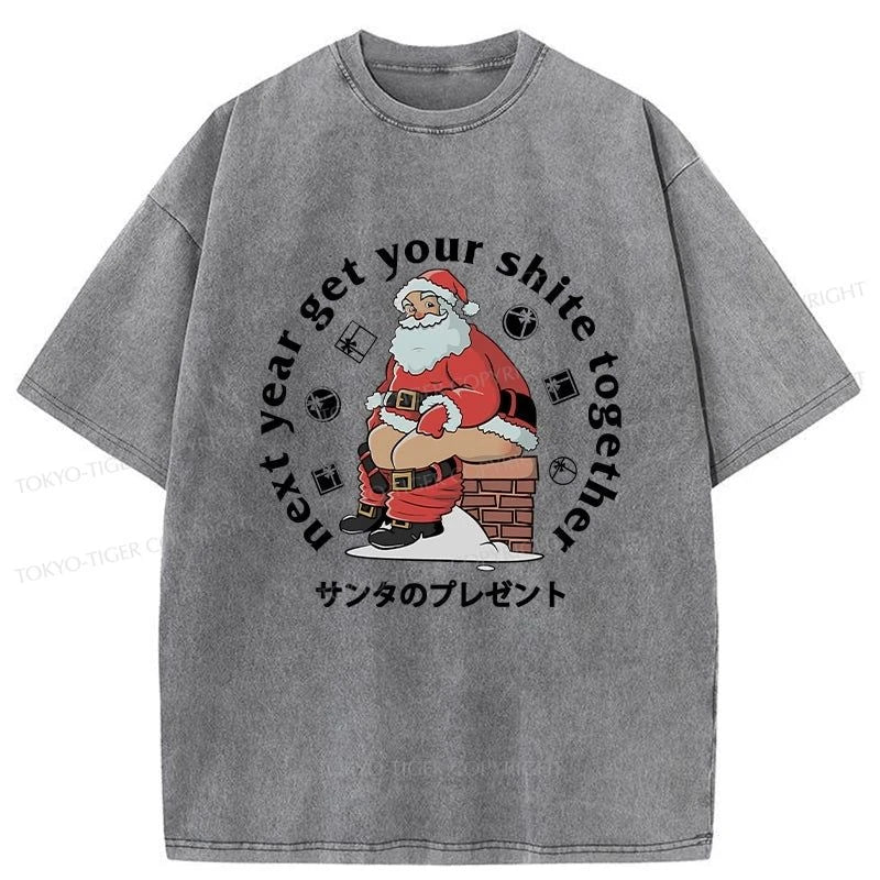 Tokyo-Tiger Funny Santa Claus Pooping Down The Chimney Washed T-Shirt