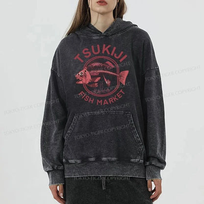 Tokyo-Tiger Tokyo Tsukiji Fish Market Vintage Japan Washed Hoodie