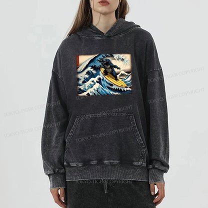 Tokyo-Tiger Dinosaur Surfing Japanese Washed Hoodie