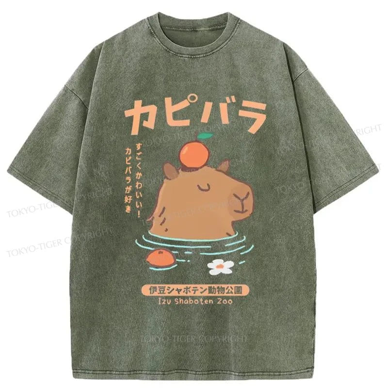 Tokyo-Tiger Capybara Soaking In Hot Springs Washed T-Shirt