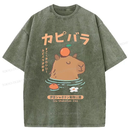 Tokyo-Tiger Capybara Soaking In Hot Springs Washed T-Shirt