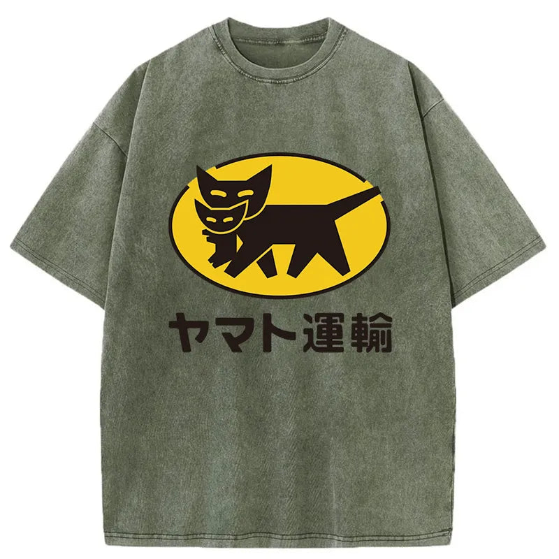 Tokyo-Tiger Black Cat Transport Pattern Japanese Washed T-Shirt