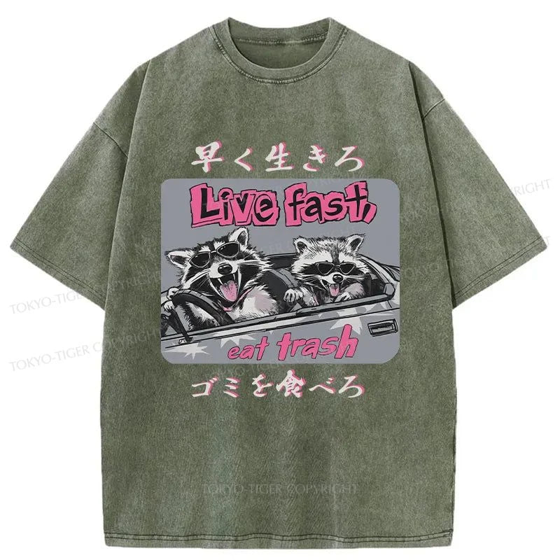 Tokyo-Tiger Live Fast Eat Trash Raccoon Japanese Washed T-Shirt