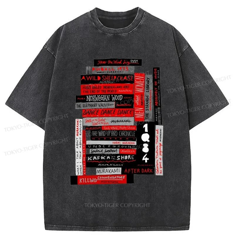 Tokyo-Tiger Murakami Book Stack Fanatic Washed T-Shirt