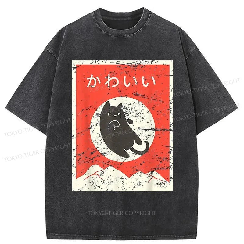 Tokyo-Tiger Cute Black Cat Japanese Washed T-Shirt