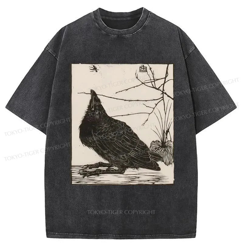 Tokyo-Tiger Crow Print Japanese Washed T-Shirt