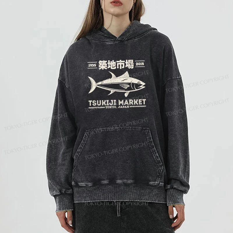 Tokyo-Tiger Retro Tsukiji Fish Market Streetwear Tokyo Washed Hoodie