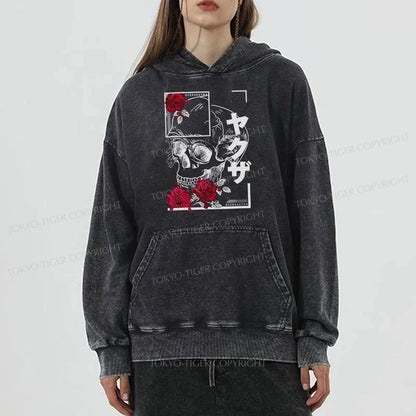 Tokyo-Tiger Skull Roses Japanese Aesthetic Washed Hoodie