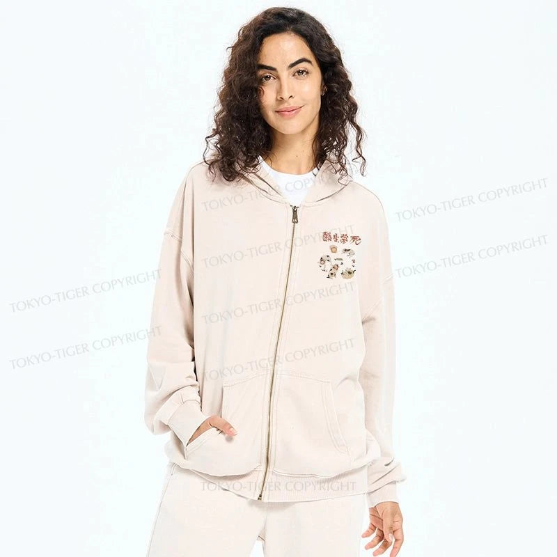 Tokyo-Tiger Drunken Cats Washed Zip Hoodie