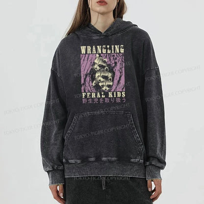 Tokyo-Tiger Wrangling Feral Raccoon Kids Washed Hoodie