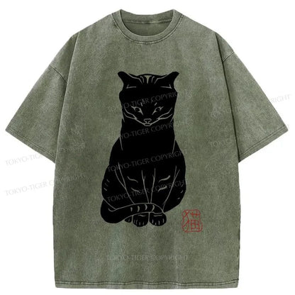 Tokyo-Tiger Black Cat Print Japanese Washed T-Shirt