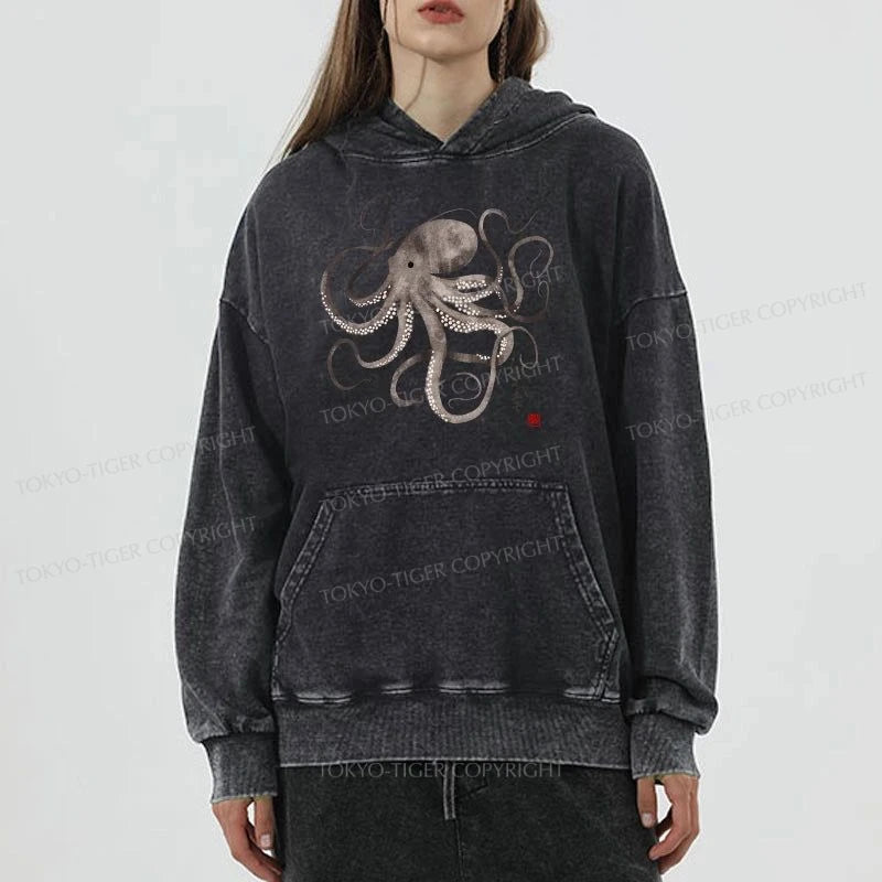 Tokyo-Tiger Octopus Japanese Calligraphy Washed Hoodie