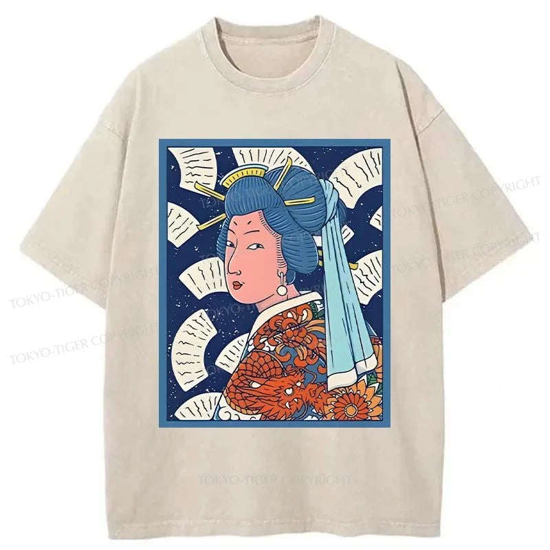 Tokyo-Tiger Ukiyoe Girl With Pearl Earring Washed T-Shirt