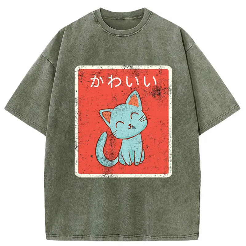 Tokyo-Tiger Japanese Kawaii Cat Washed T-Shirt