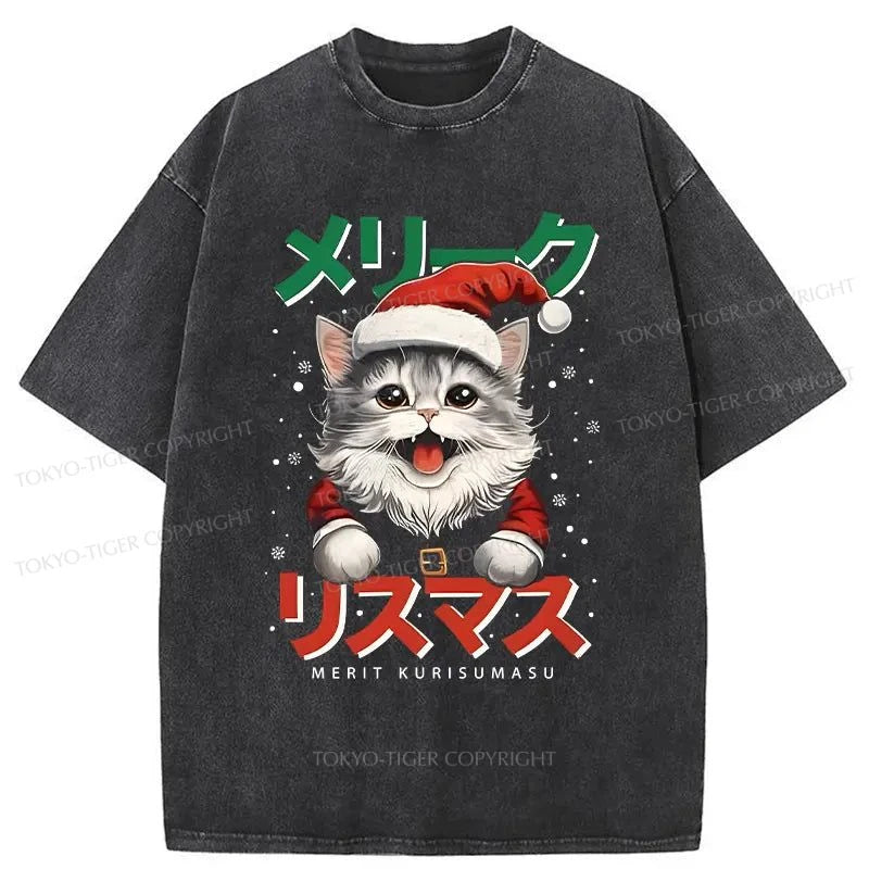 Tokyo-Tiger Cute Christmas Cat Washed T-Shirt