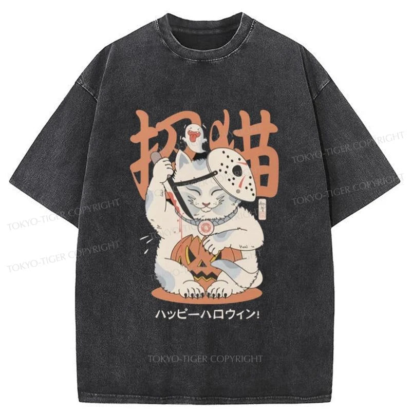 Tokyo-Tiger Halloween Cat Maneki Neko Japanese Washed T-Shirt