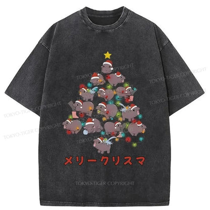 Tokyo-Tiger Moo Deng Christmas Tree Japanese Washed T-Shirt