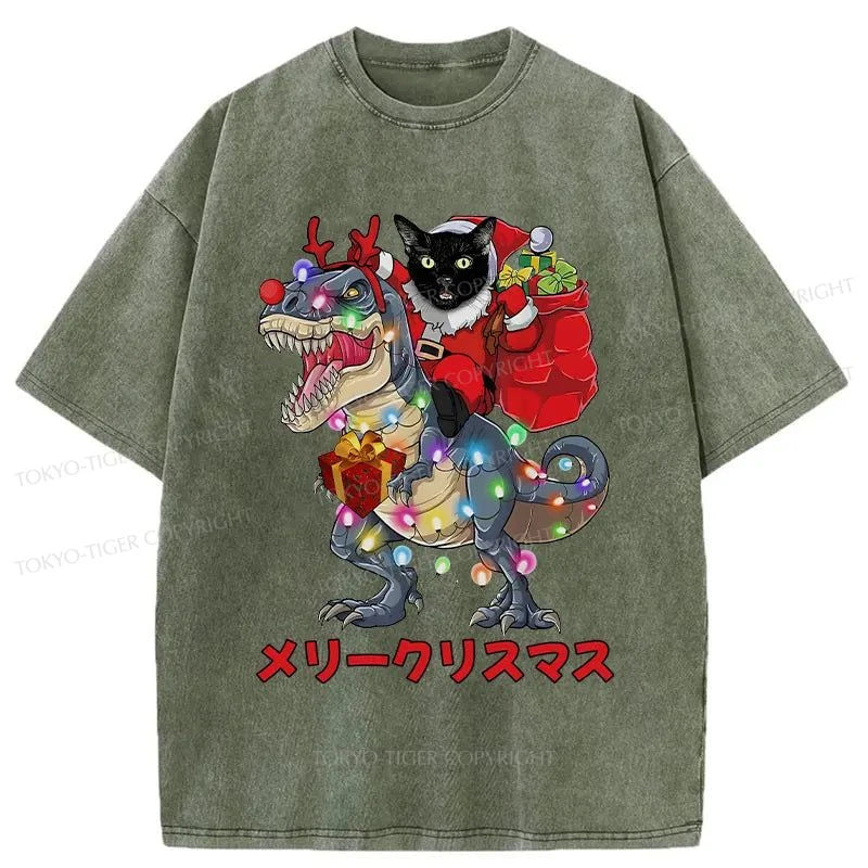 Tokyo-Tiger Cat Riding Dinosaur Christmas Washed T-Shirt