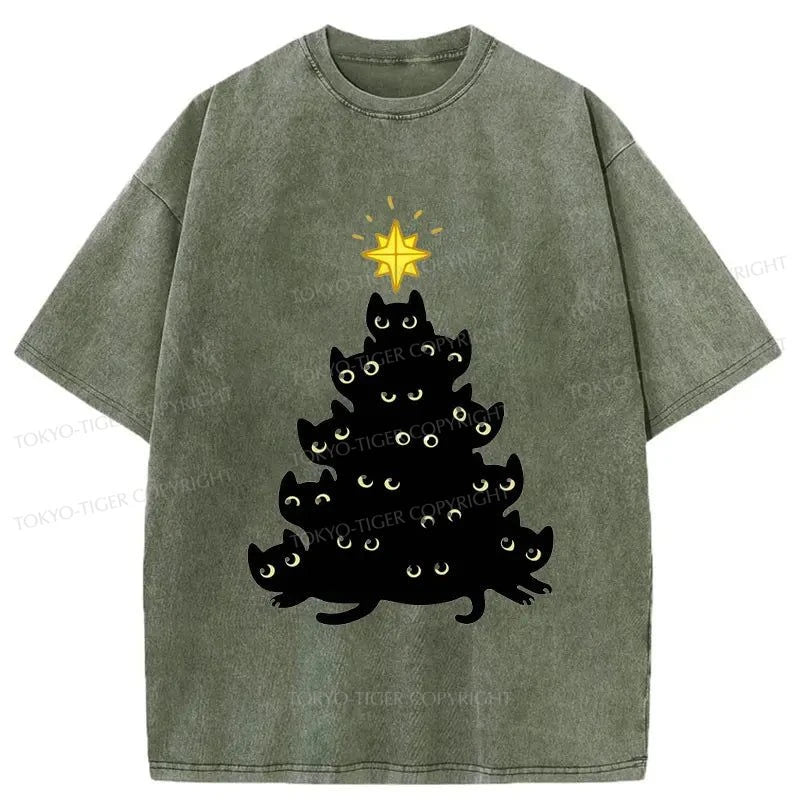 Tokyo-Tiger Black Cat Christmas Tree Washed T-Shirt