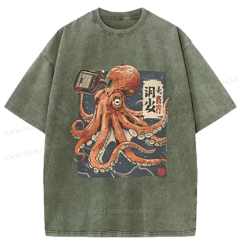 Tokyo-Tiger Octopus Drink Washed T-Shirt