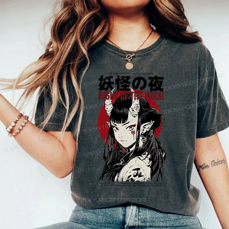 Tokyo-Tiger Yokai Aesthetic Japanese Streetwear Washed T-Shirt