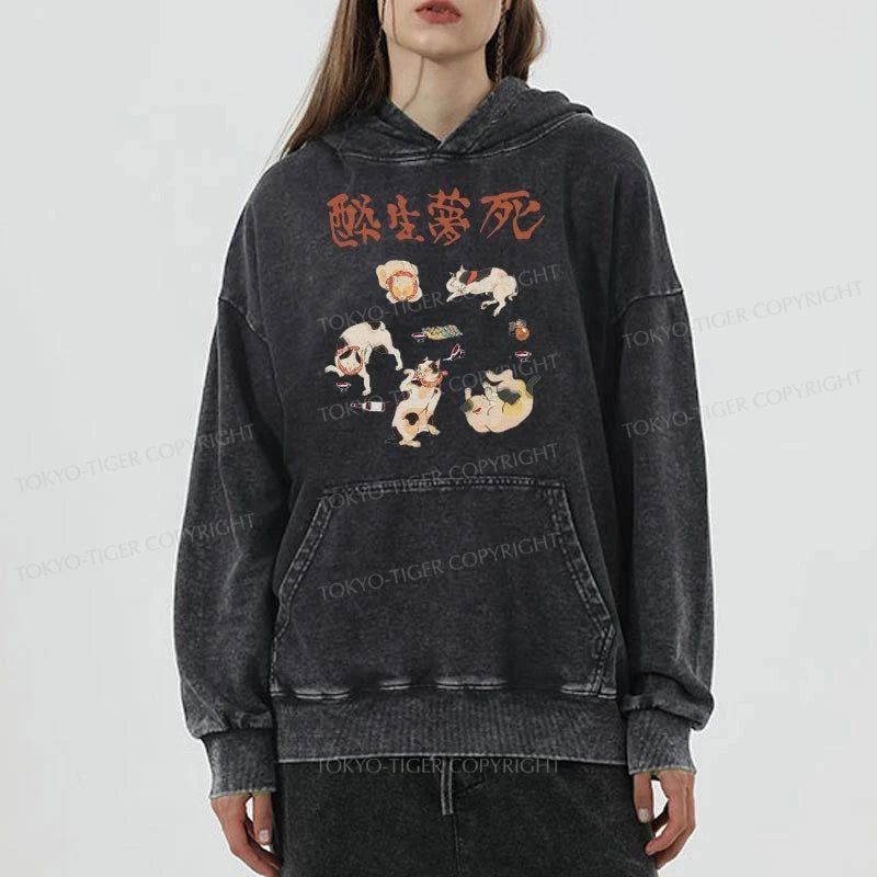 Tokyo-Tiger Drunken Cats Washed Hoodie