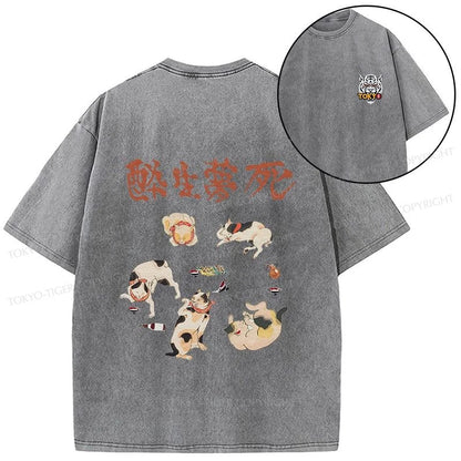 Tokyo-Tiger Drunken Cats Front Back Washed T-Shirt