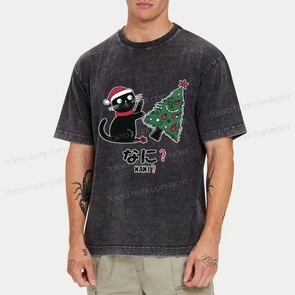 Tokyo-Tiger Black Cat Knocking Over Christmas Tree Washed T-Shirt