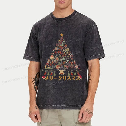 Tokyo-Tiger Japanese Christmas Tree Made Up of Icons Washed T-Shirt