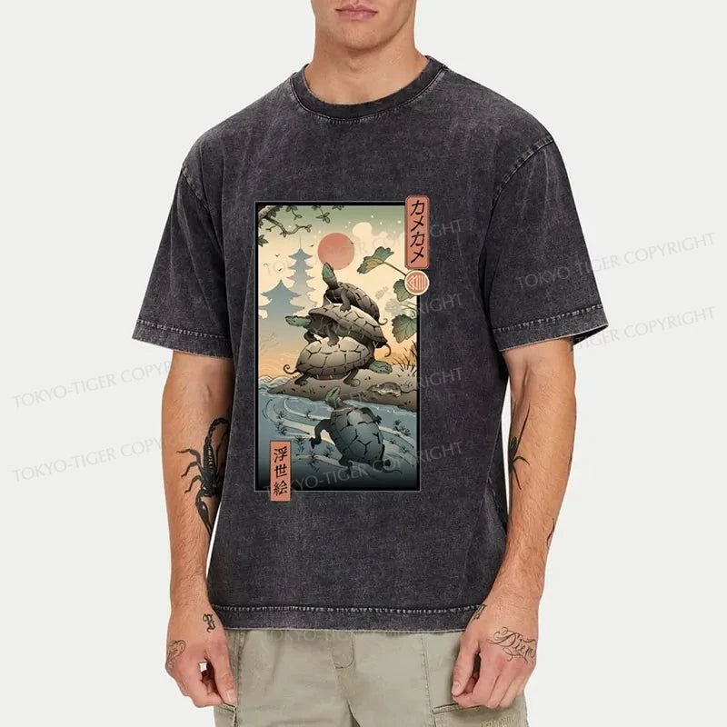 Tokyo-Tiger Ukiyoe Turtle Japanese Washed T-Shirt