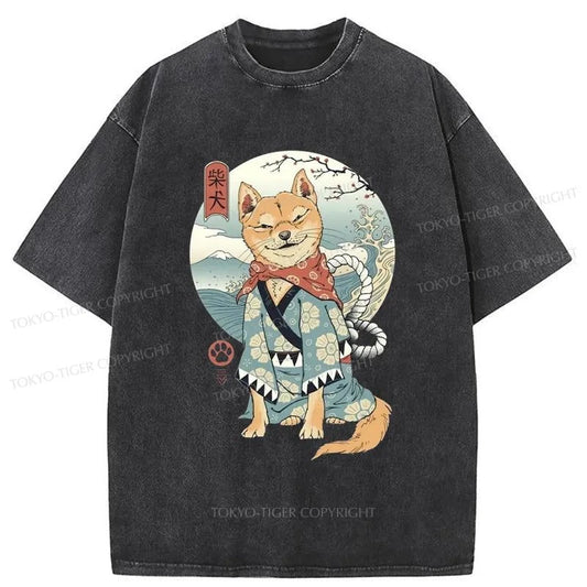 Tokyo-Tiger Samurai Shiba Dog Japanese Washed T-Shirt