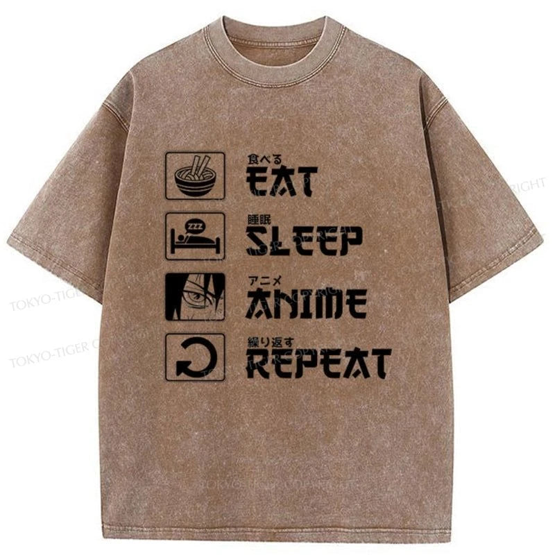 Tokyo-Tiger EAT SLEEP ANIME REPEAT Washed T-Shirt