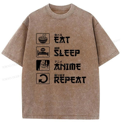 Tokyo-Tiger EAT SLEEP ANIME REPEAT Washed T-Shirt