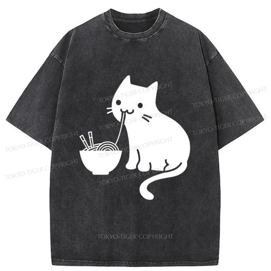 Tokyo-Tiger Cat Eating Ramen Japan Washed T-Shirt