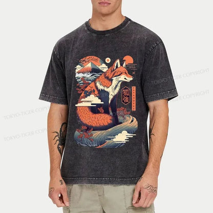 Tokyo-Tiger Japanese Kitsune Fox Wave Washed T-Shirt